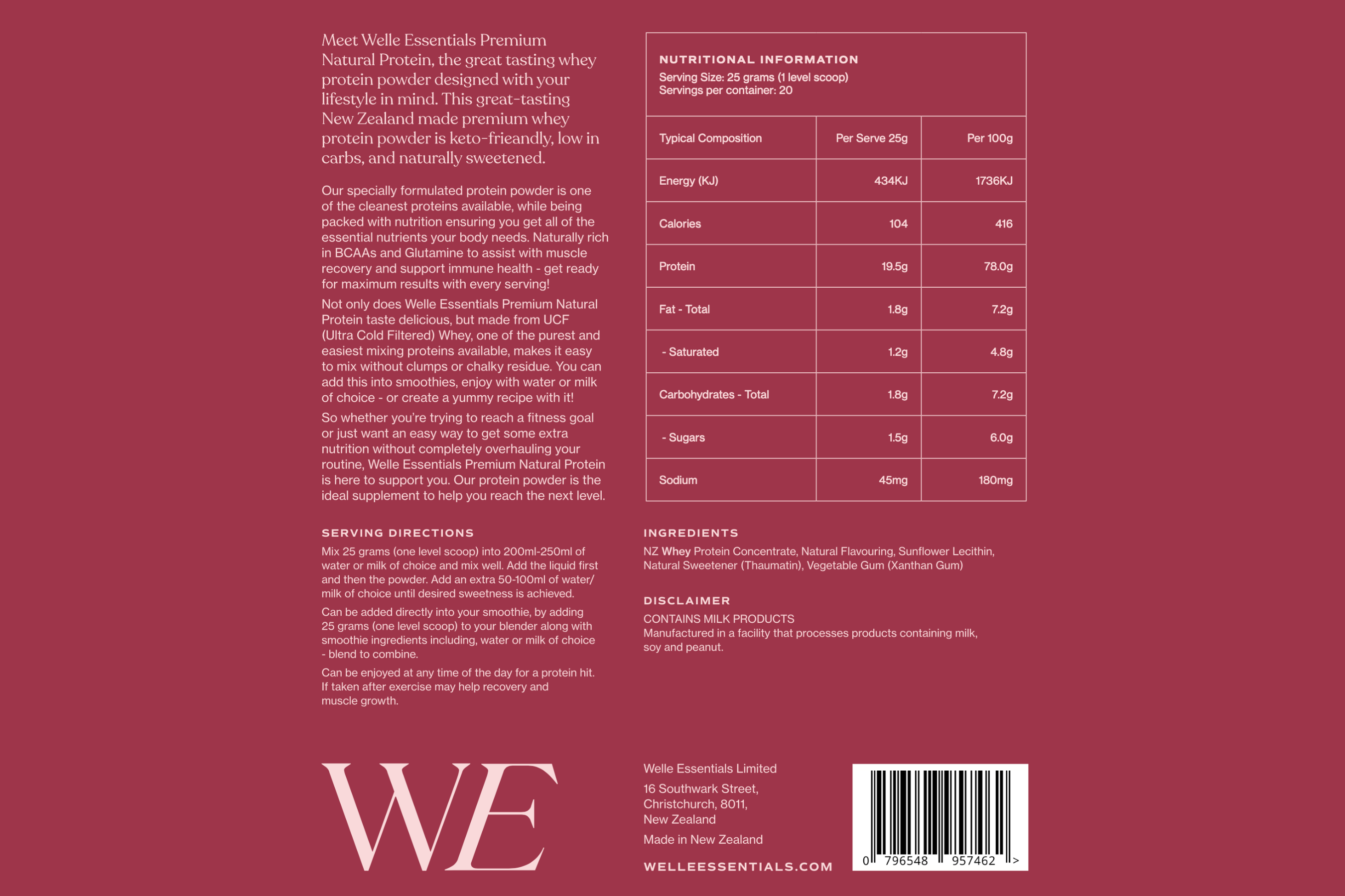Premium Natural Protein - White Chocolate & Raspberry - Welle Essentials